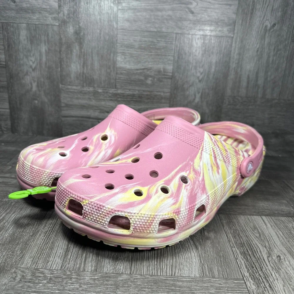 Crocs Classic Clog Mens 13 Pink Yellow Marble Tie Dye Slip On NEW